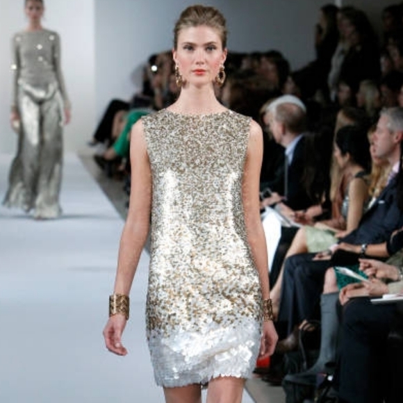 ◇$5700 OSCAR DE LA RENTA GOLDSILK SEQUIN ESTABLISHED RUNWAY DRESS US 8 10